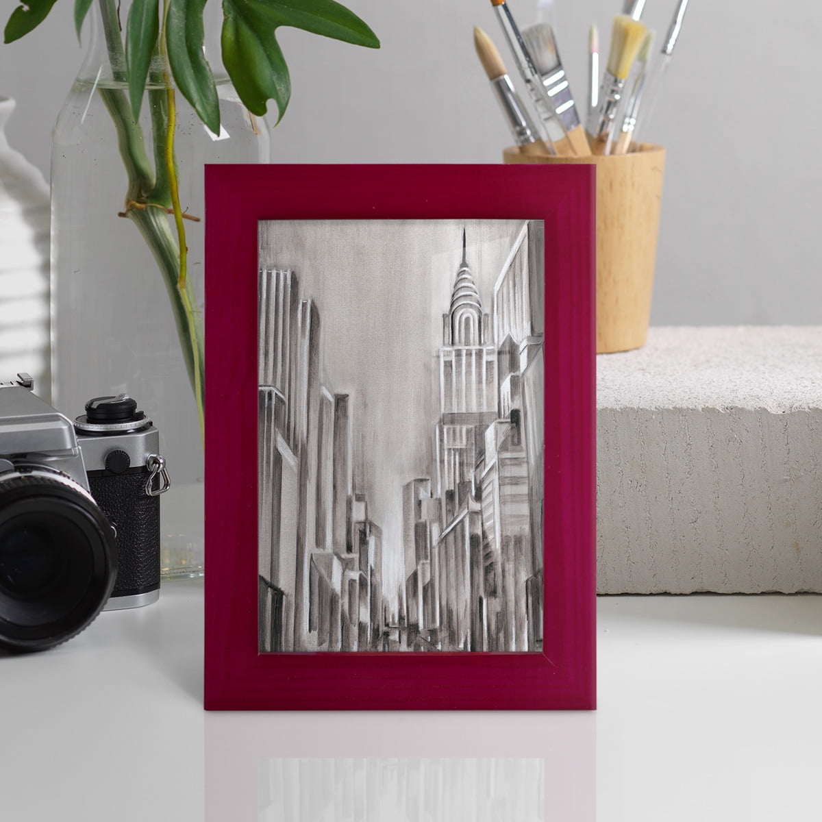 Art Deco Cityscape I -Framed Print w/glass-Cherry Red