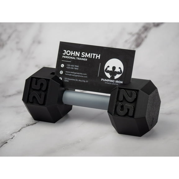 Business Card Holder, Desk Organizer Stand, Professional Company Decor, Modern Design (Hex Dumbbell Black)