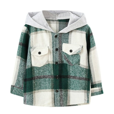 

EHTMSAK Toddler Baby Boy Pockets Fall Winter Outerwear Children Button Up Flannel Plaid Coat Hooded Long Sleeve Jacket Green 2Y-6Y 2Y