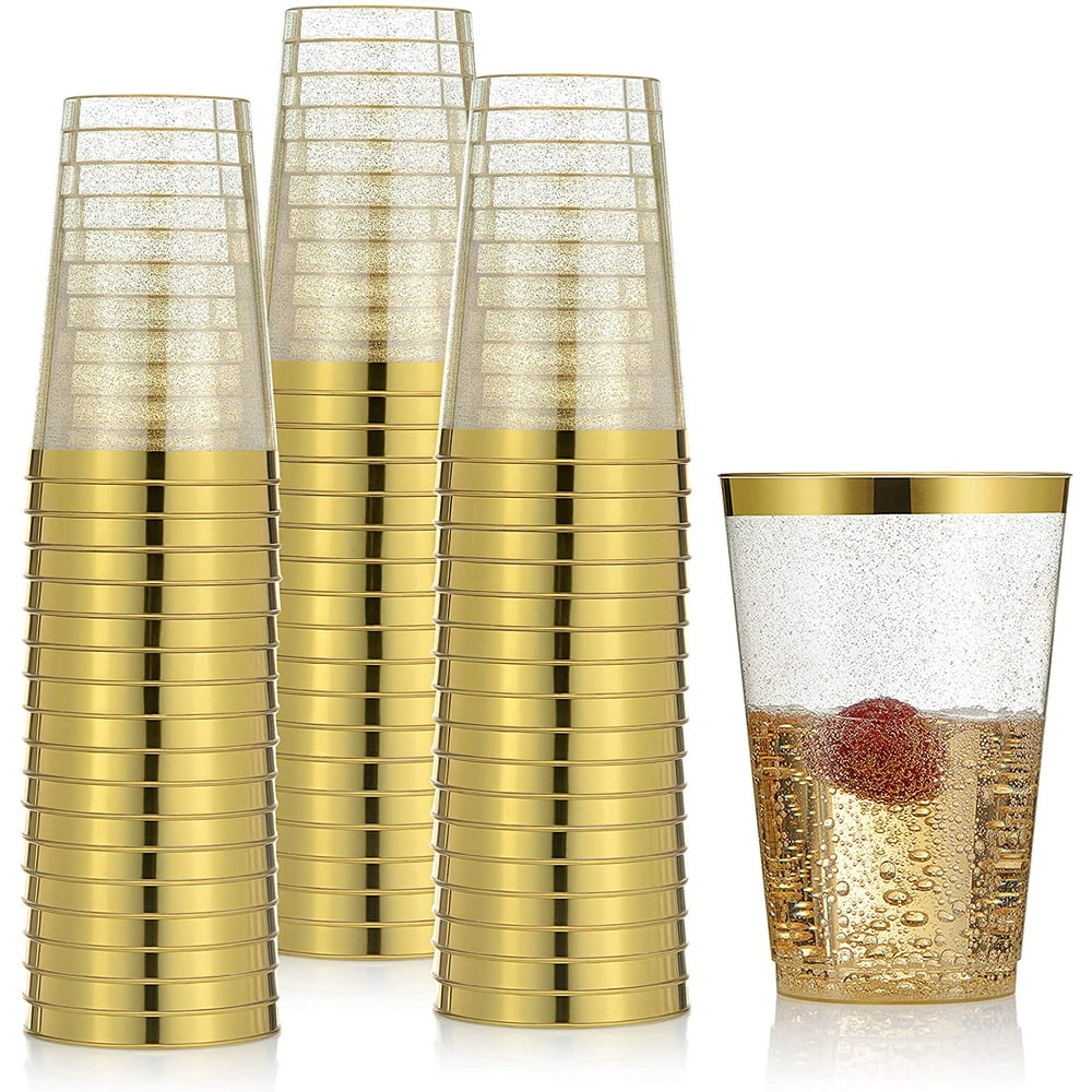 100 Gold Plastic Cups 14 Oz Gold Glitter with a Gold Rim Premium