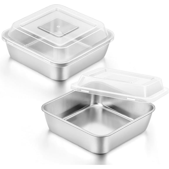 6 x 6-Inch Square Baking Pan with Lid, Small Stainless Steel Cake Brownie Pans Trays Dishes for Toaster Oven Air Fryer, Healthy & Dishwasher Safe - Set of 2(2 Pans 2 Lids)