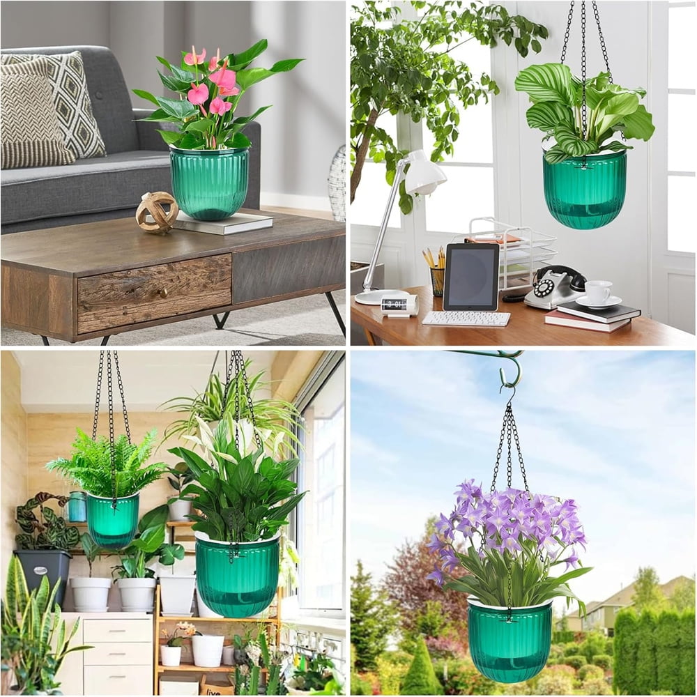 3Pcs Plastic Hanging Planters Small Plant Pot with Drainage Holes,Hanging Basket with Removable hooks,Prefect for Home Garden Cafe Office (Emerald)