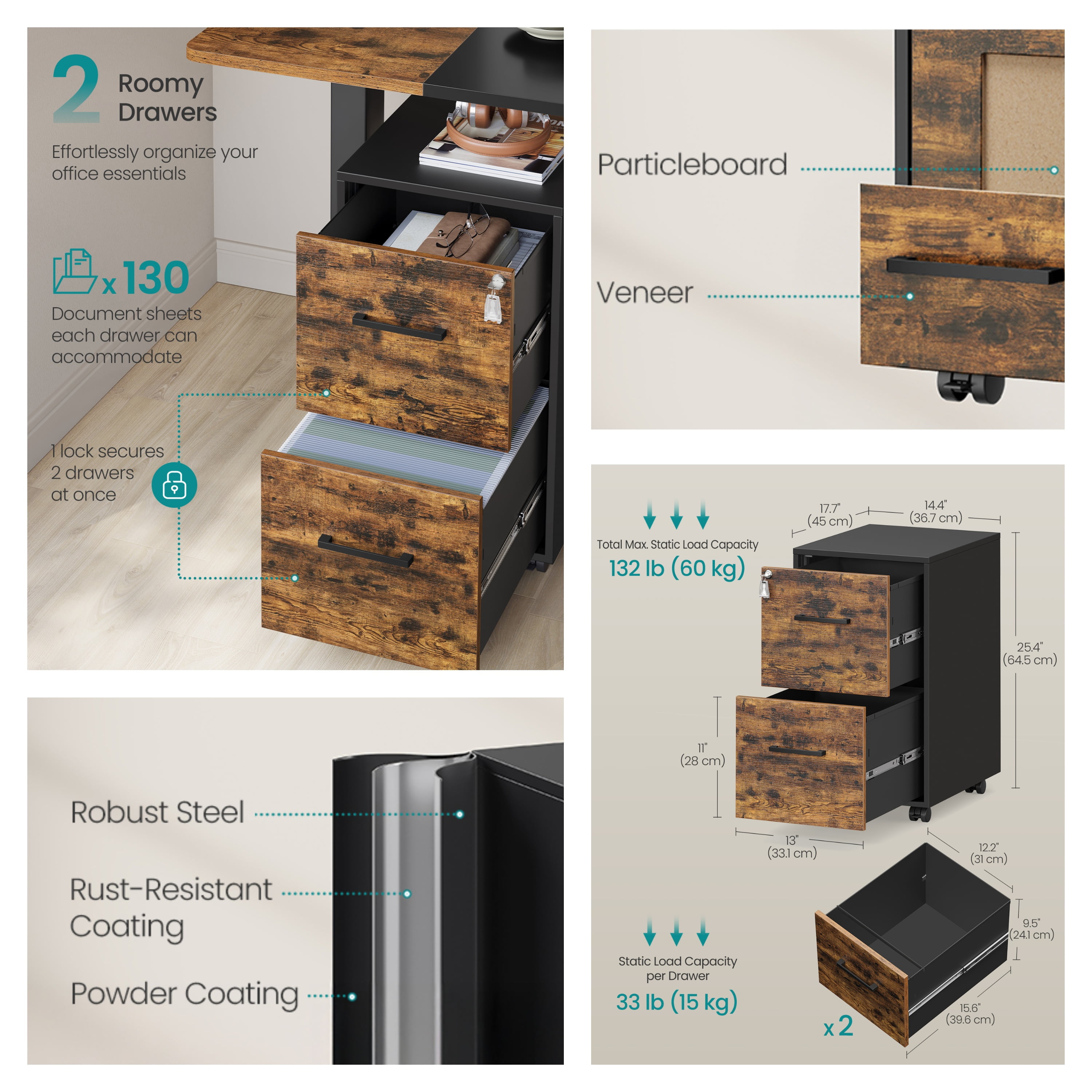LEDREM File Cabinet with Lock, Pre-Assembled Office Filing Cabinet, 2 Drawers for A4/Legal/Letter Documents, 17.7 x 14.4 x 25.4 Inches, Rustic Brown and Black