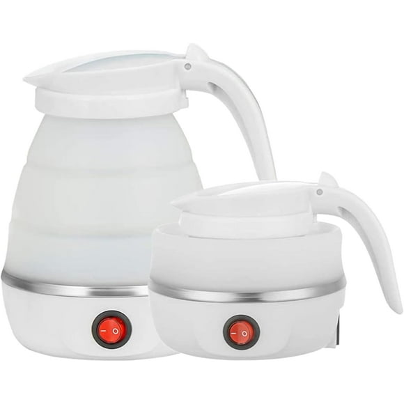 Foldable Electric Travel Kettle - Portable and Convenient Silicone Collapsible Water Boiler and Tea Pot for Camping - Easy Storage with Detachable Power Cord (White)