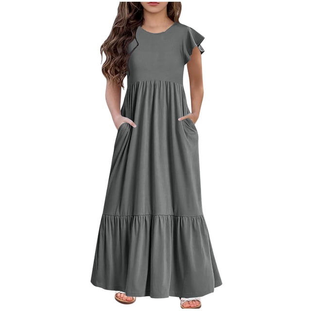 Huvoen Robe de Princesse pour Filles de 3 Ans Mode Filles Été Nouvelle Manches Courtes Col Rond Robe de Couleur Unie Gris 10 Ans