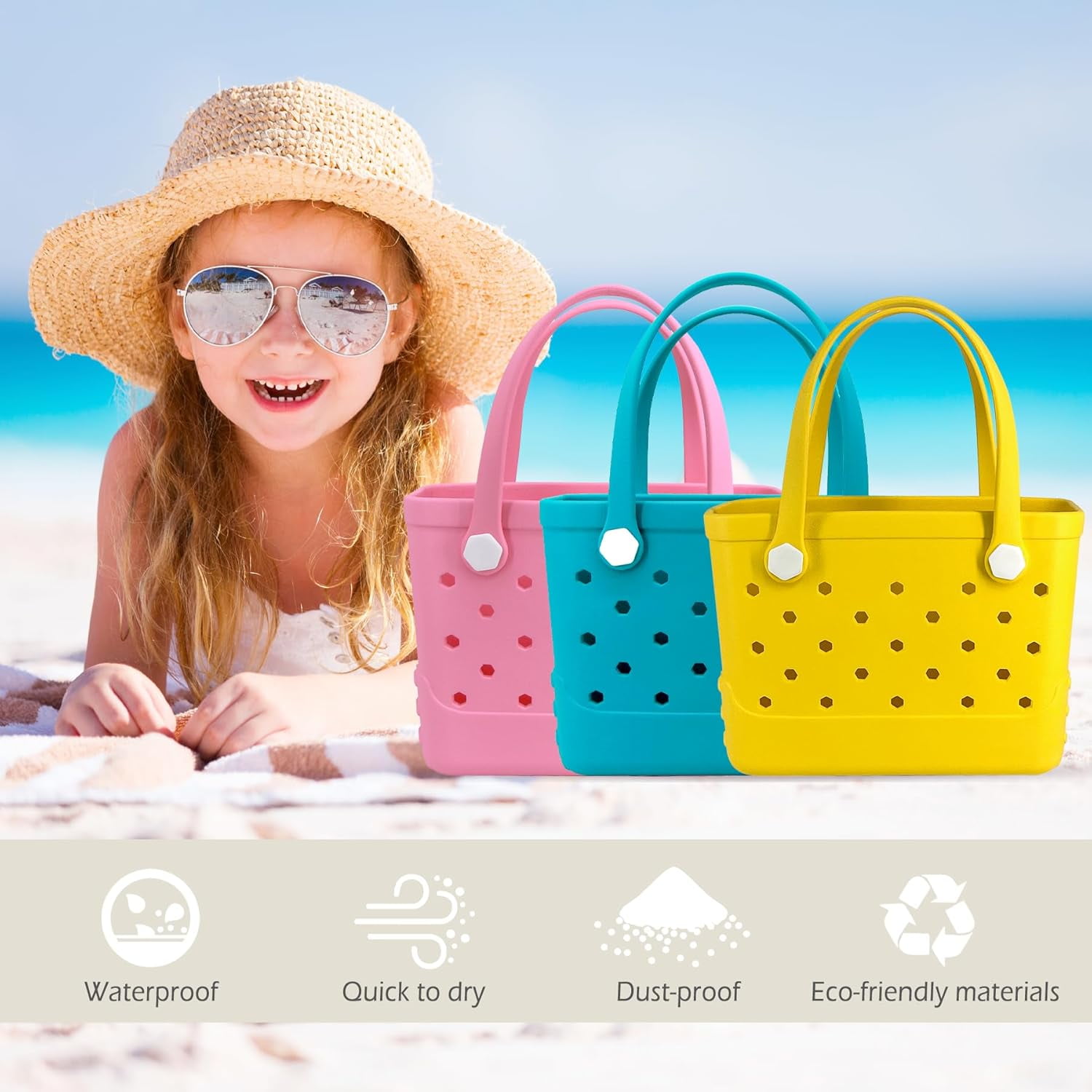 ROVTIULI Waterproof Sandproof Beach Bag for Women - Small Portable Plastic Rubber Tote, Washable Open Top Handbag for Outdoor Travel