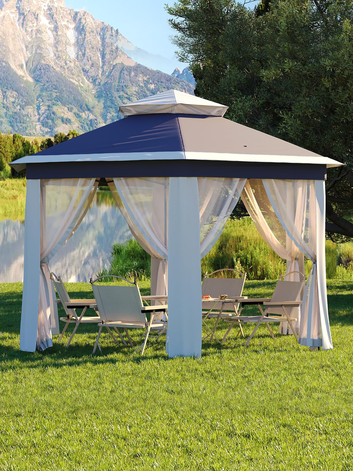 Luku 13'x13' Pop-Up Gazebo, Outdoor Hexagonal Patio Gazebo with Mosquito Netting, Instant Setup Canopy Tent with Strong Steel Frame and Sandbags, for Backyard, Gardens, Patio