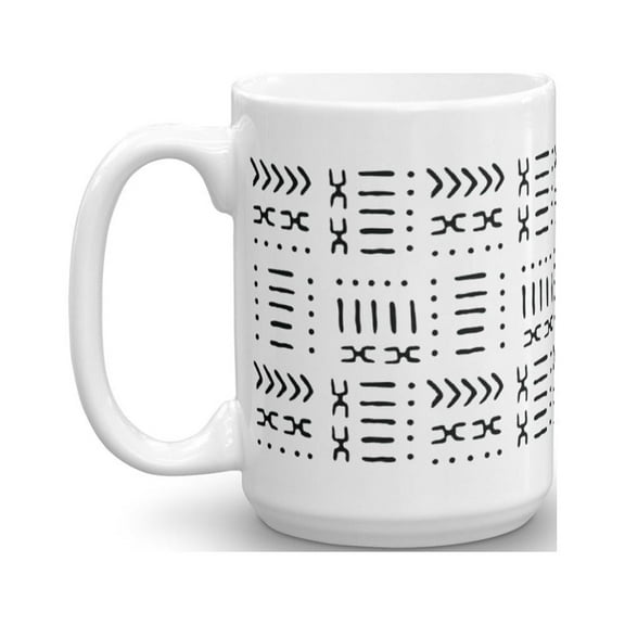 White Black Large Ceramic 15 ounce Coffee Mug Boho Tribal Pattern Tea Cup Reflektion Design