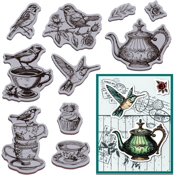 Sello de goma con forma de taza de pájaro, 18 x 22 cm, para tetera de pájaro, sellos de EVA, sellos de relieve, sellos de goma