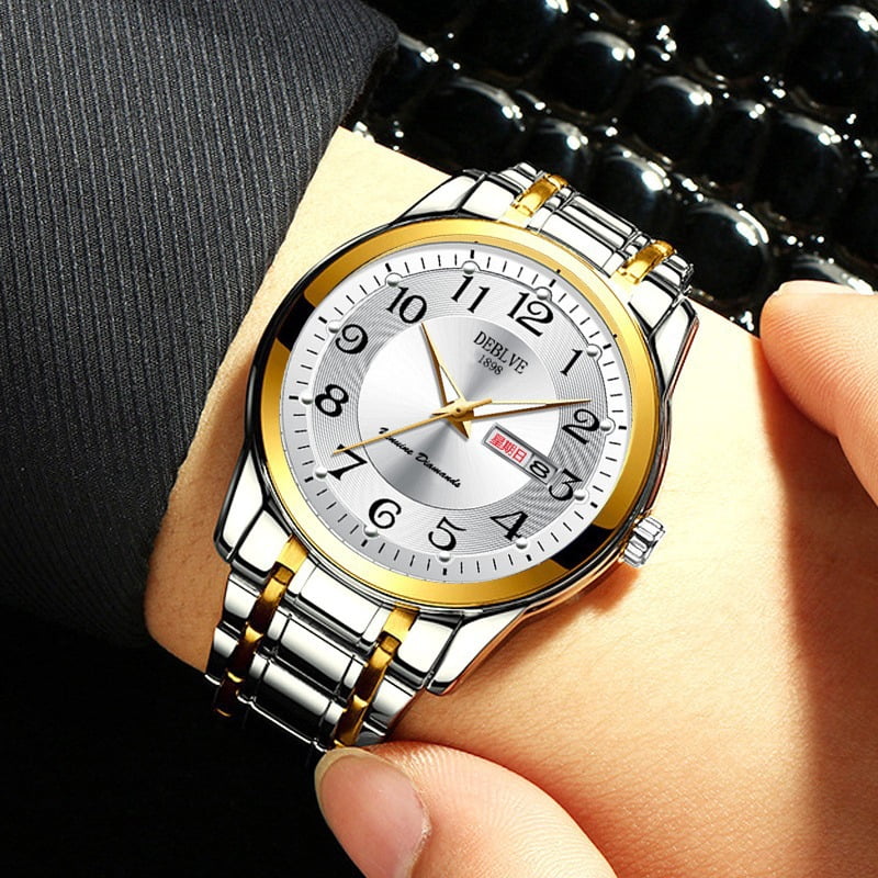 Men's watch with digital luminous display, dual calendar, alloy solid quartz watch, steel strap, waterproof, fashionable non-mechanical wristwatch for men