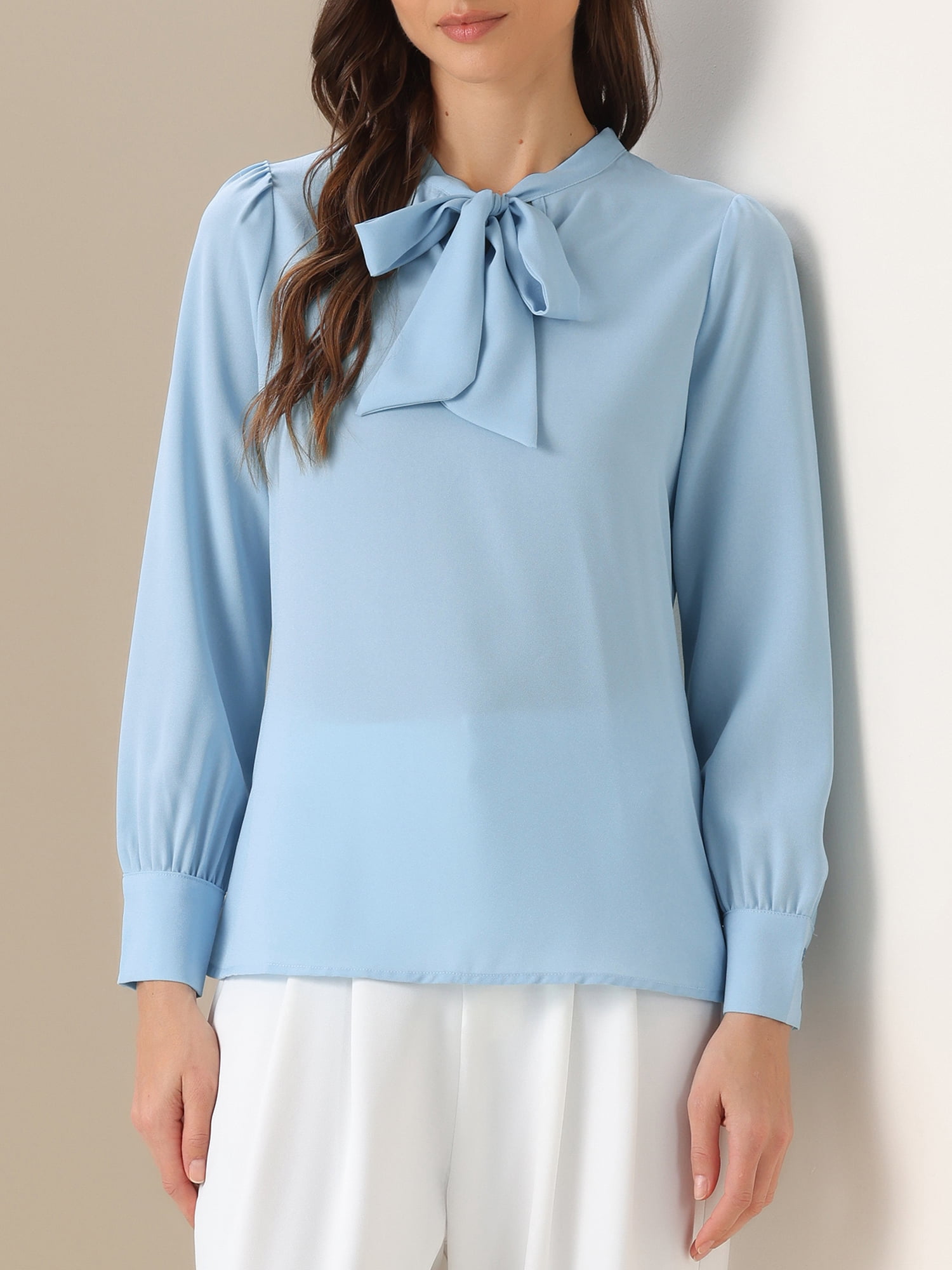 DARING DIVA Women's Bow Tie Neck Tops Long Sleeve Business Work Blouse XL Sky Blue