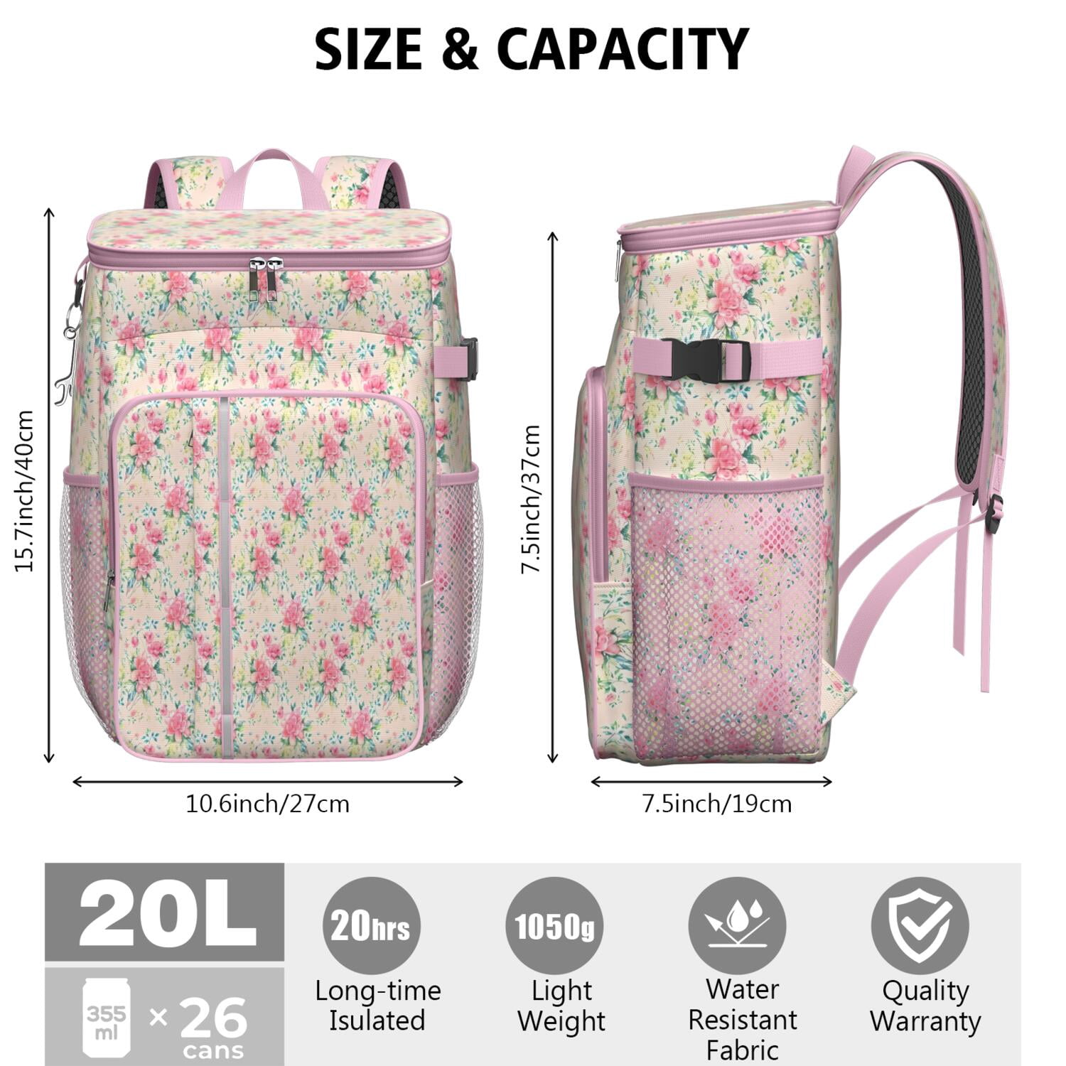 Travel Cooler Bag - Pioneer Flower Floral Print Pattern Camping Beer Cooler Backpack with Bottle Opener- Waterproof Insulated Picnic Backpacks - Cooler Bag for Beach