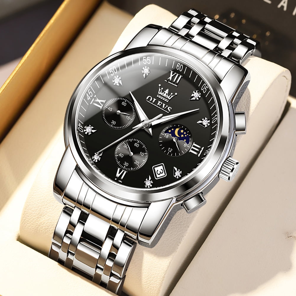 OLEVS Watches for Men Luxury Dress Casual Analog Quartz Gold Plated Stainless Steel Chronograph Moon Phase Waterproof Luminous Date Business Mens Wrist Watches Reloj Para Hombre