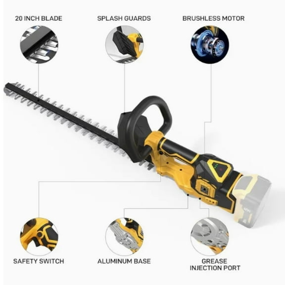 1 20-inch Cordless Hedge Trimmer, Electric Brush Shrub Edge Trimmer, with Brushless Motor, Compatible with DEWALT 20V MAX Battery, Battery Not Included, Lightweight Stainless Steel Design