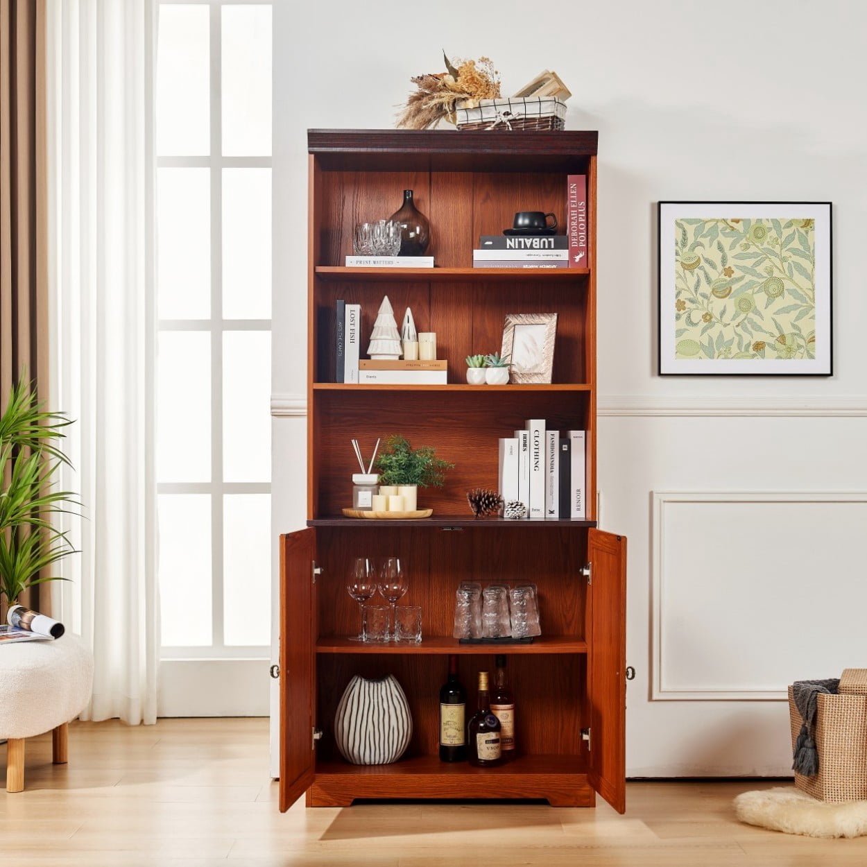 70.86" Tall Storage Cabinet, 5 Tier Cube Display Bookshelf with Barn Doors, Adjustable Shelves, Freestanding Kitchen Pantry Cabinet, Farmhouse Bookcase for Living Room Bedroom, Dark Oak