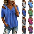 thumbnail image 1 of Neewe Women's 2026 Spring Summer Striped V Neck Short Sleeve Pullover Blouse Off Shoulder T-Shirts, 1 of 6