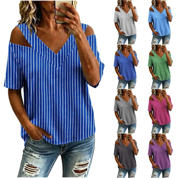 Neewe Women's 2026 Spring Summer Striped V Neck Short Sleeve Pullover Blouse Off Shoulder T-Shirts