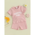 thumbnail image 3 of Liacowi 2Pcs Kids Girls Summer Clothes Toddler Baby Girl Beach Outfit 6M 1T 2T 3T Letter Print Short Sleeve Round Neck T-Shirt +Ribbed Shorts, 3 of 9