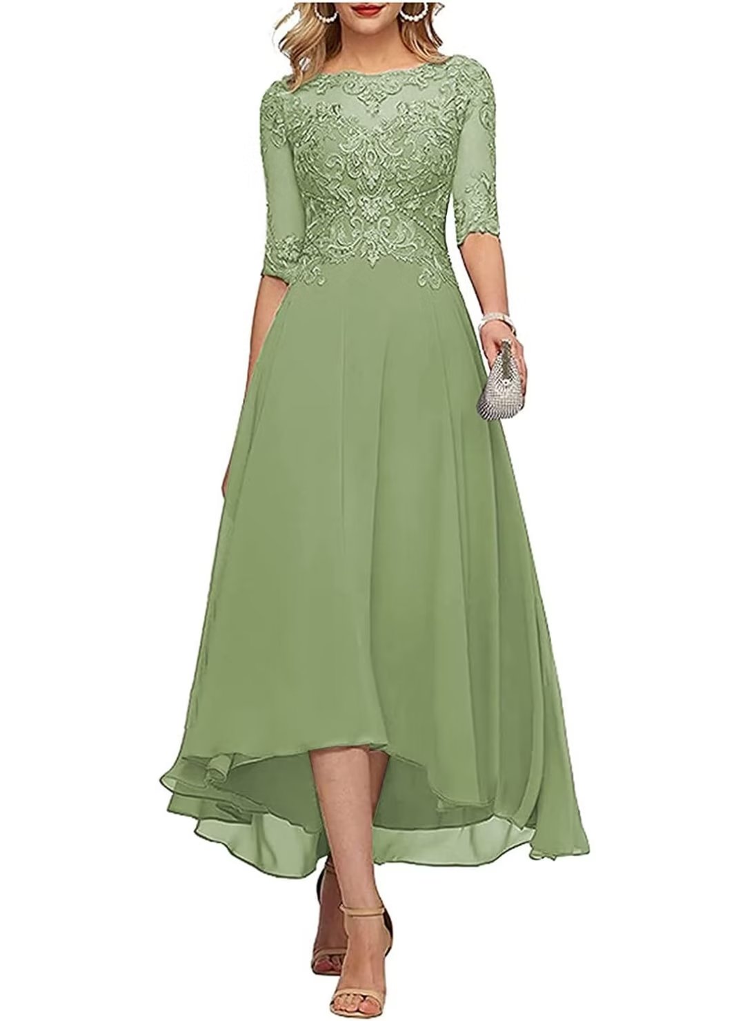 Lace Applique Mother of The Bride Dress Half Sleeves Midi Formal