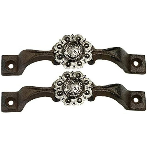 Urbalabs Cast Iron Kitchen Cabinet Handles and Drawer Pulls Western Concho Cross Horseshoe and Star Country Home Rustic Decor Farmhouse Cabinet Handle Cabinet Knobs (2, Silver Horseshoe)