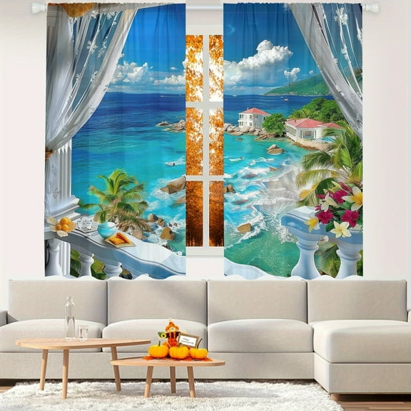 WNOOHIY Realistic Seascape Tropical Beach Balcony Scenery Pattern Light-filtering Curtains for Young People Bedroom Living Room,Set of 2 Panels