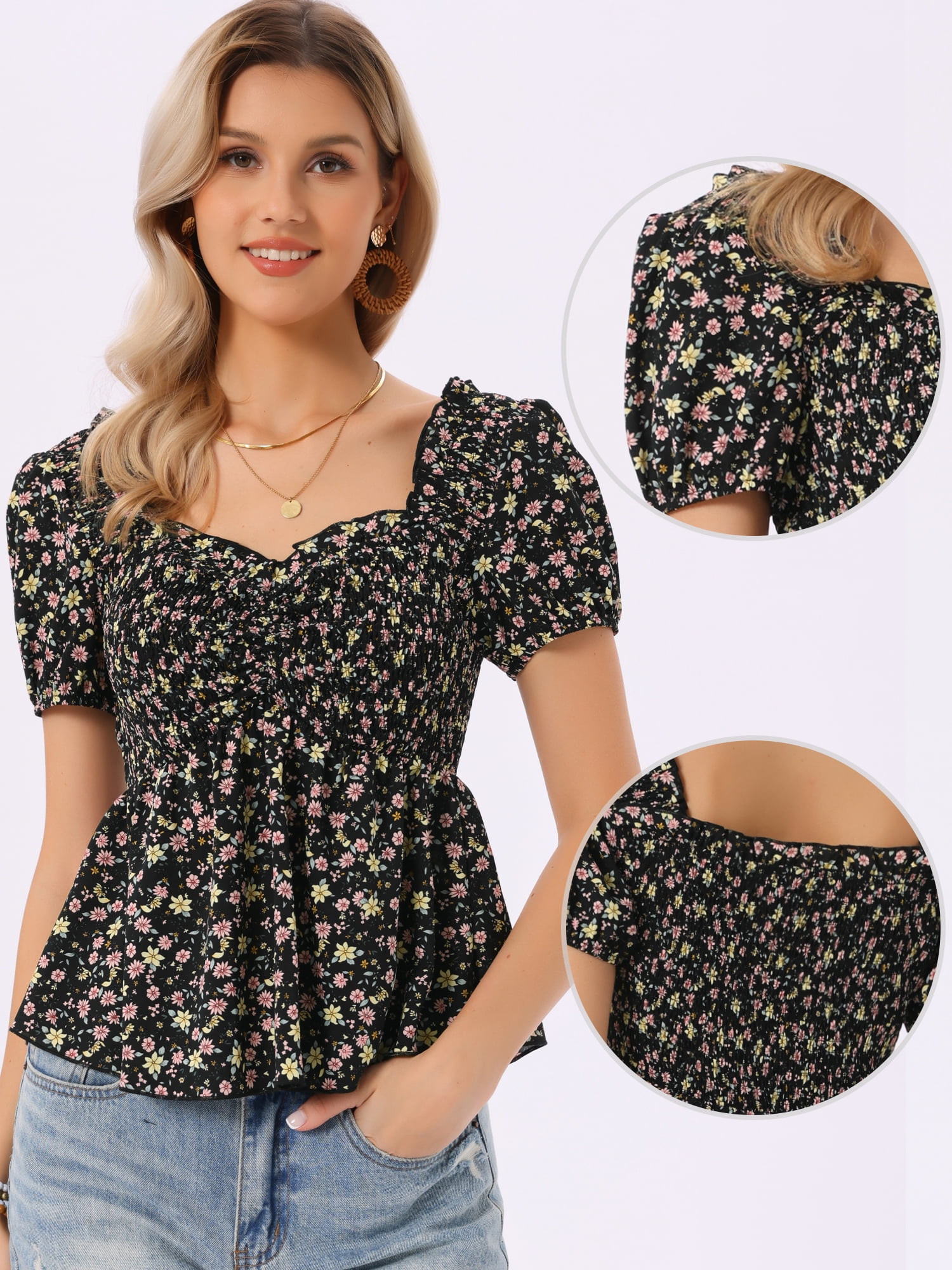 DARING DIVA Women's Puff Sleeve Floral Sweetheart Neck Ruffle Peplum Top XL Black