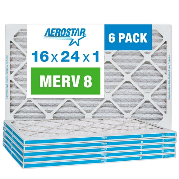 Aerostar 16x24x1 MERV 8 Pleated Air Filter, AC Furnace Air Filter, 6 Pack
