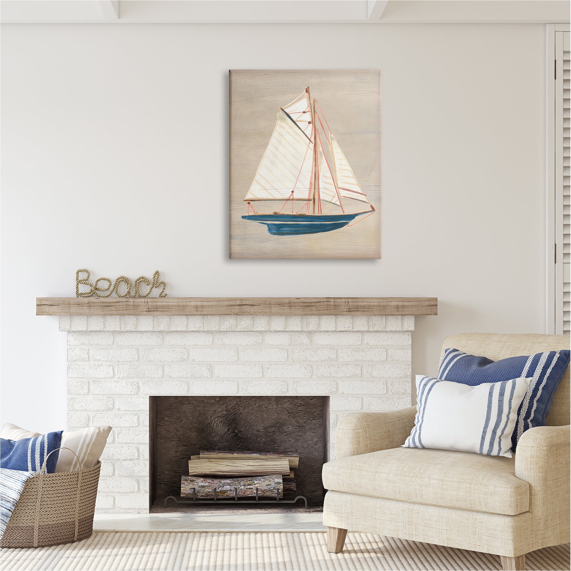 Stupell Industries Rustic Blue Sailboat Transportation Painting Gallery Wrapped Canvas Art Print Wall Art, 30 x 40