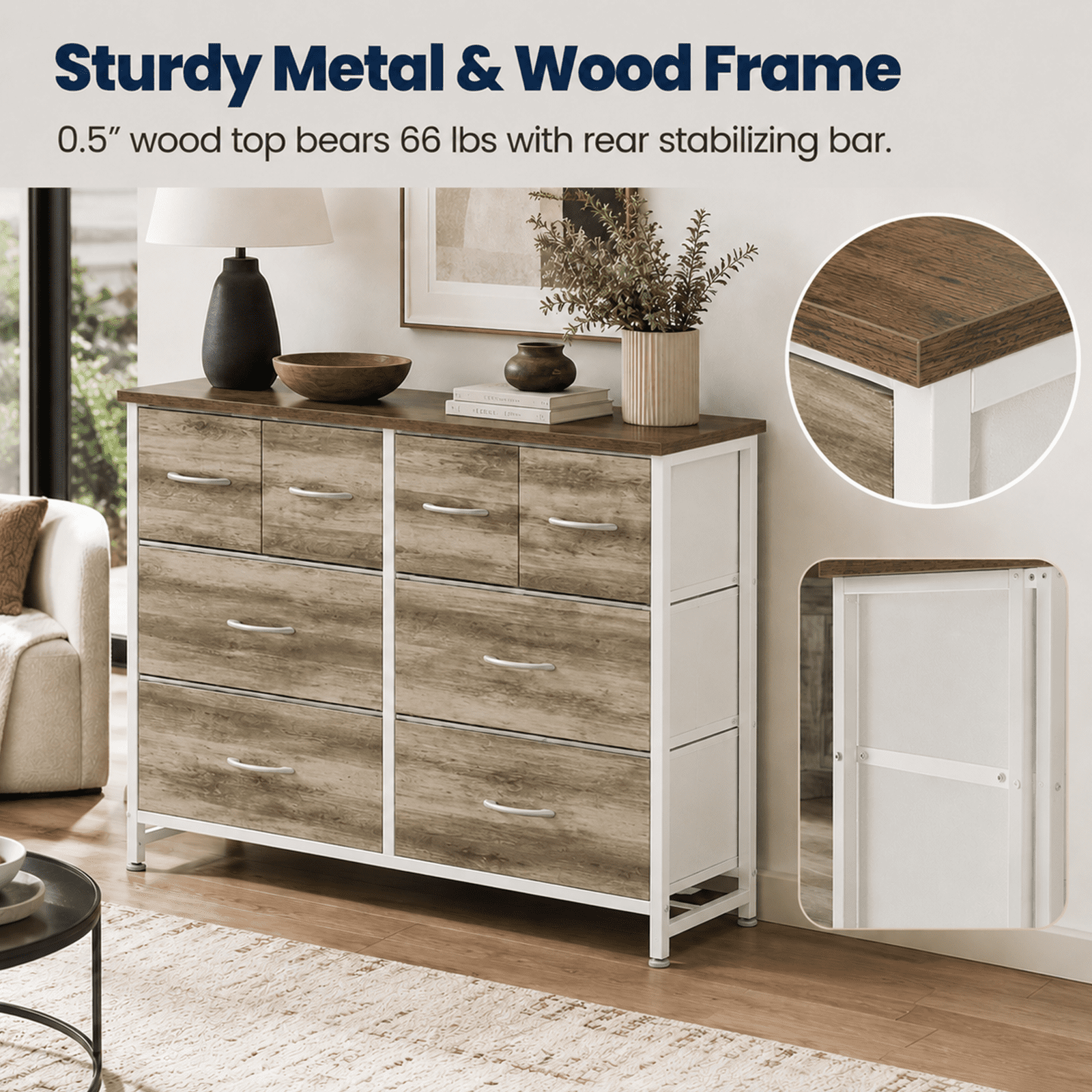 Alvantor Dresser for Bedroom with 8 Drawers, Fabric Dressers Storage Tower with Steel Frame Wood Tabletop, Storage Cabinet, Hallway, Closets