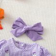 thumbnail image 4 of KPOPLK Newborn Baby Girl Fall Outfit Letter Print Long Sleeve Jumpsuit Bubble Romper Infant Clothing Set with Headband(6-9 Months,Purple), 4 of 9
