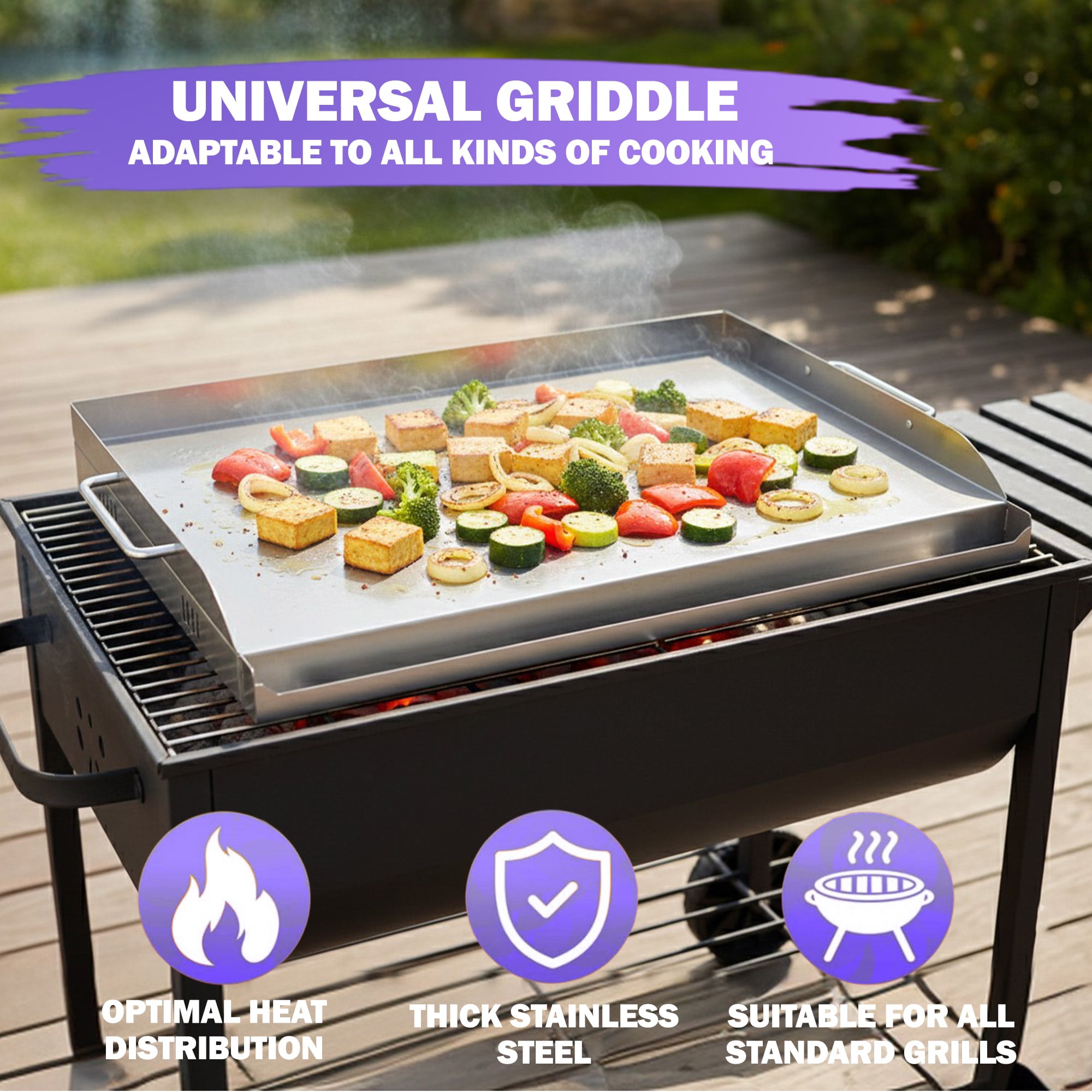 17" x 13" Griddle/Plancha Grill Plate – 4 mm Thick Stainless Steel Universal BBQ Griddle Accessory with Handles for Gas & Charcoal Grills, Medium Size