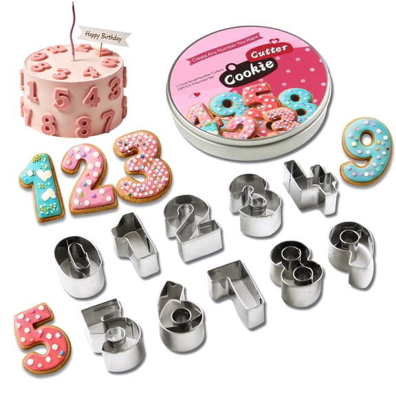 10pcs Number Cookie Cutters Set for Baking, Stainless Steel Cake Decorating Small Number Cutters with Cut-Outs (1.7-Inch)