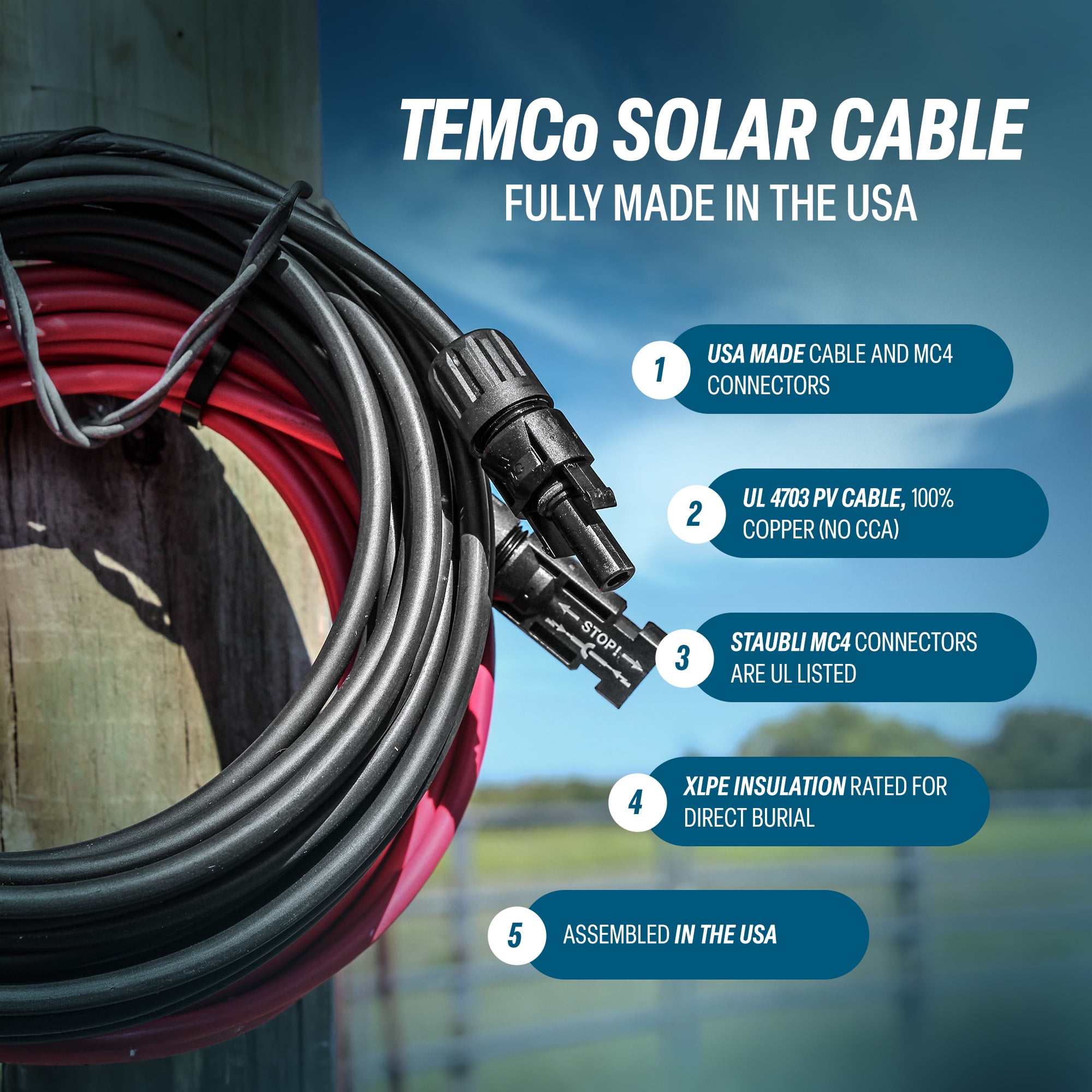 TEMCo 8 AWG Solar Panel Extension MC4 PV Cable - 60 Ft Black + 60 Ft Red USA