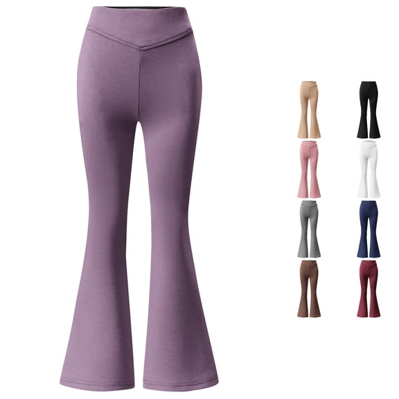 CUZIBR Girls High Waist Flare Leggings Soft Stretch Solid Color Full Length Bell Bottom Athletic Trousers Casual Running Yoga Kids Back To School Bottoms,Purple,13-14 Years