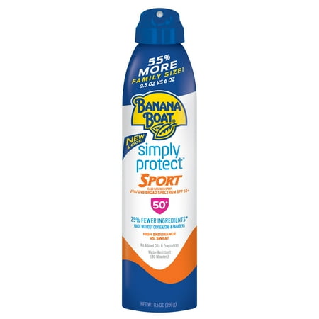 - Banana Boat Simply Protect Sport Sunscreen Spray SPF 50+, 9.5 oz Family Size