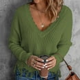 thumbnail image 4 of UJNDER Loose Casual V Neck Pullover Sweater for Women Hem Fringe Solid Color Knit Fall Army Green M, 4 of 6