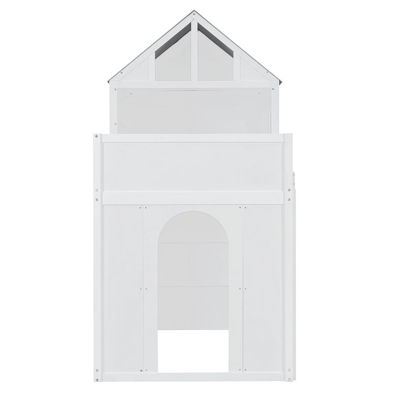 Twin over Twin House-Shaped Bunk Bed with Roof and Window, Kids/Teens Playful Designed Bed Frame with Fence and LED Light
