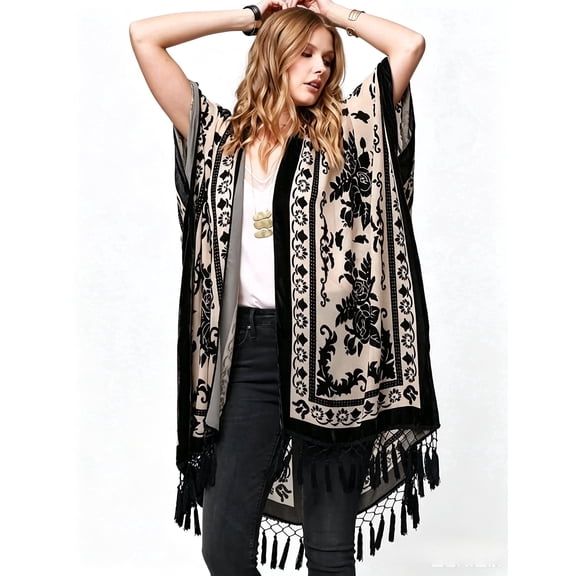 WeHello Women's Bohemian Burnout Velvet Long Tassel Kimono Beach Cover Up Shawl