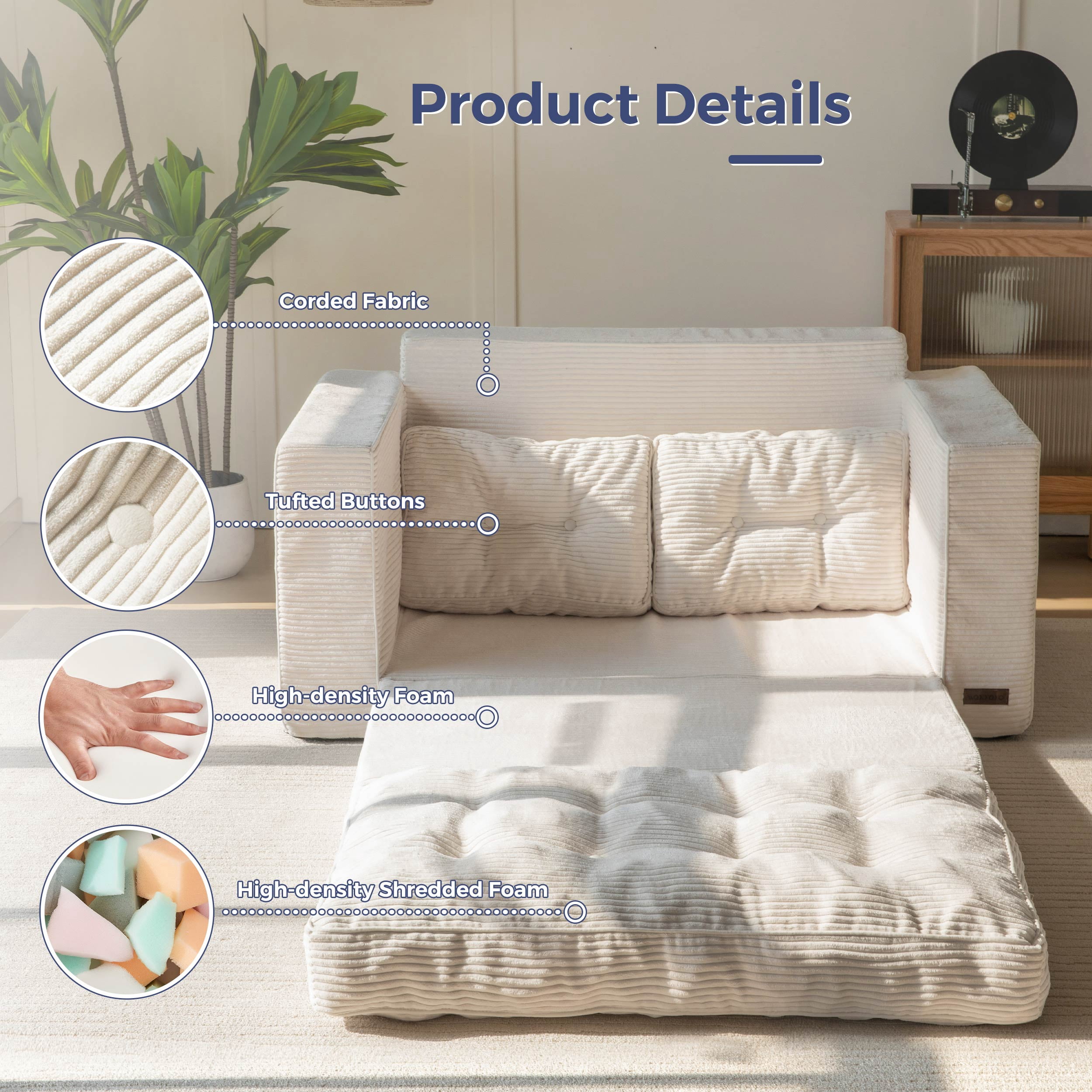 BYBYME Convertible Futon Sofa Bed,Pull Out Couch Beds Loveseat Sleeper,2 in 1 Folding Couch Bed with Pillows for Living Room Bedroom,Beige
