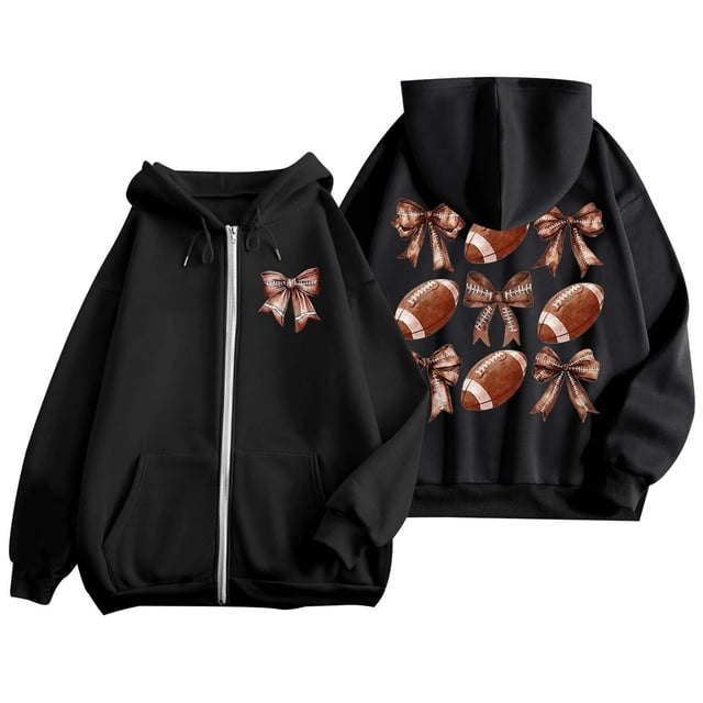 Women's Fashion Rugby Print Zippered Long Sleeve Hoodie with Pocket Drawstring Casual Athletic Sweatshirt