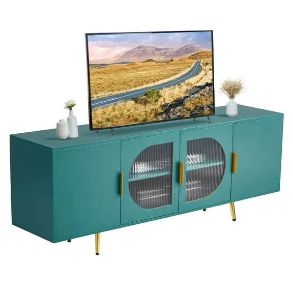 VEVOR TV Stand for TVs up to 75 inch, Modern Entertainment Center with Glass Doors and Gold Legs, TV Cabinet Storage with Adjustable Shelves, Media Console Table for Living Room and Bedroom, Green