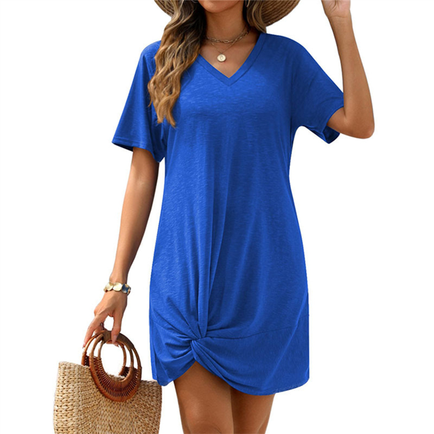 Vestido de Verano para Mujer, con Escote en V y Mangas , Color Azul Oscuro, Talla L