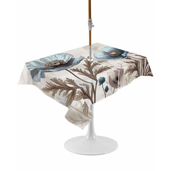 Outdoor Table Cloth with Umbrella Hole and Zipper,Spring Floral Waterproof Rectangle Tablecloth 60"x102",Teal Tulip Farmhouse Retro Botanical Herb Washable Table Cover for Outside Party Patio Picnic