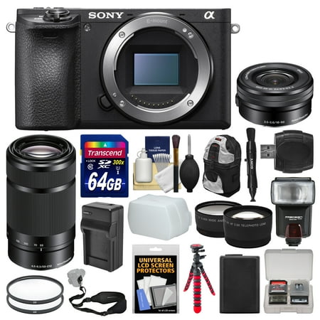 Sony Alpha A6500 4K Wi-Fi Digital Camera Body with 16-50mm & 55-210mm Lenses + 64GB Card + Case + Flash + Battery & Charger + Tripod Kit