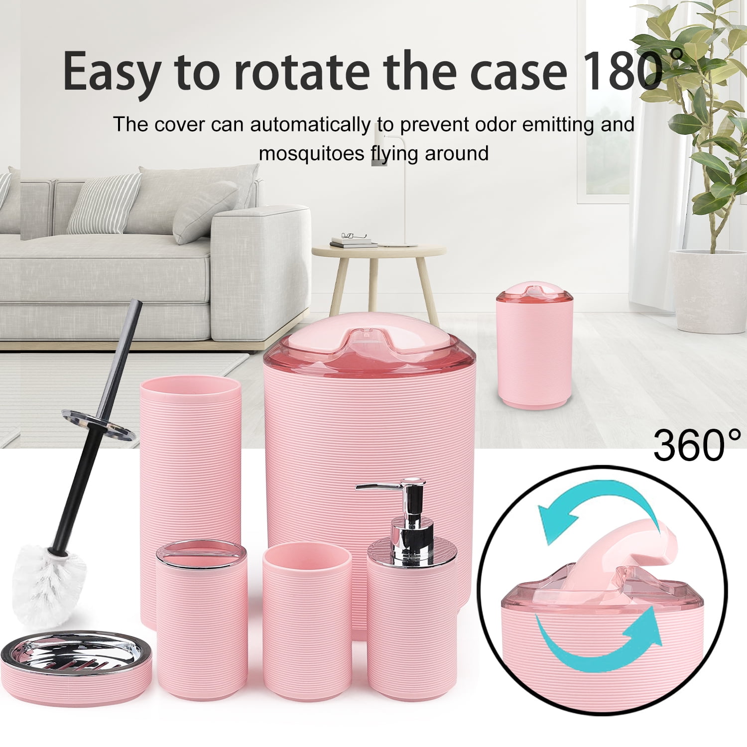 CERBIOR 6 Pcs Bathroom Accessories Set with Soap Dispenser, Toothbrush Holder, Tumbler, Soap Dish, Trash Can and Toilet Brush (Pink).