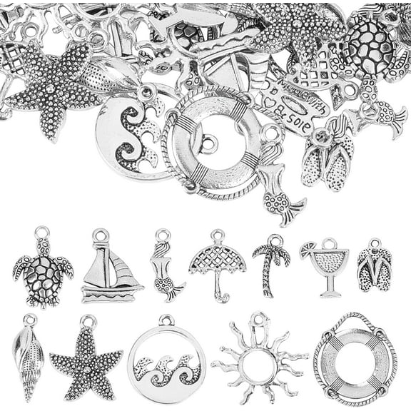 1 Box 72Pcs 12 Styles Silver Ocean Charms Hawaii Beach Charm Bulk Tibetan Style Alloy Sea Turtle Sun Charm for Jewelry Making Charms Bracelet Necklace Earring Women DIY Craft
