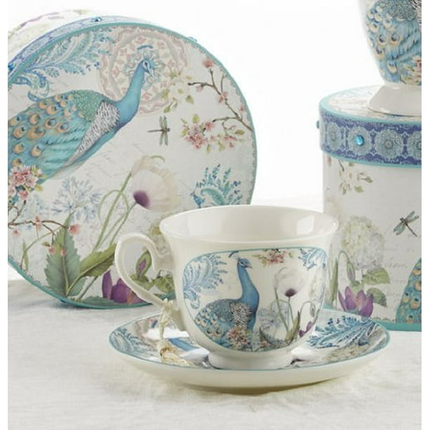 Delton Products Peacock Porcelain Tea Cup and Saucer in Gift Box