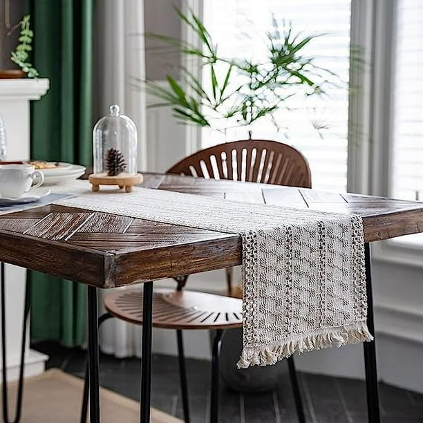 Nvzi Camino de mesa, camino de mesa bohemio de algodón y lino,camino de mesa de estilo rústico con borlas para bodas,decoración rústica para el hogar y el comedor (beige/torcido, 12 x 90)