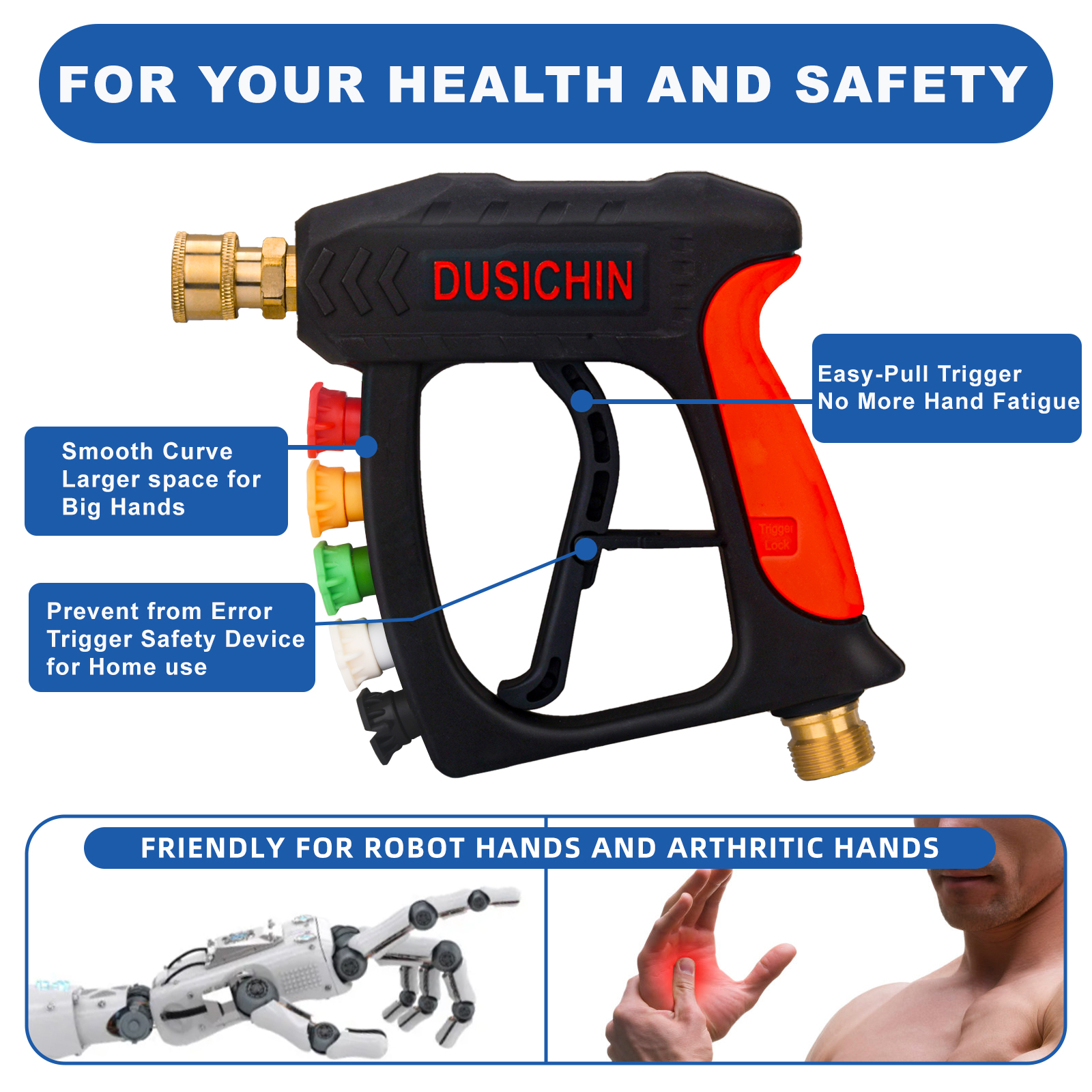 DUSICHIN Short Pressure Washer Wand High Spray Gun 5 Nozzle Tips 3000 PSI,Foam Cannon Attachment 1/4" Quick Connector Outlet,M22-14mm M22-15mm Fitting,Not Use with Garden Hose