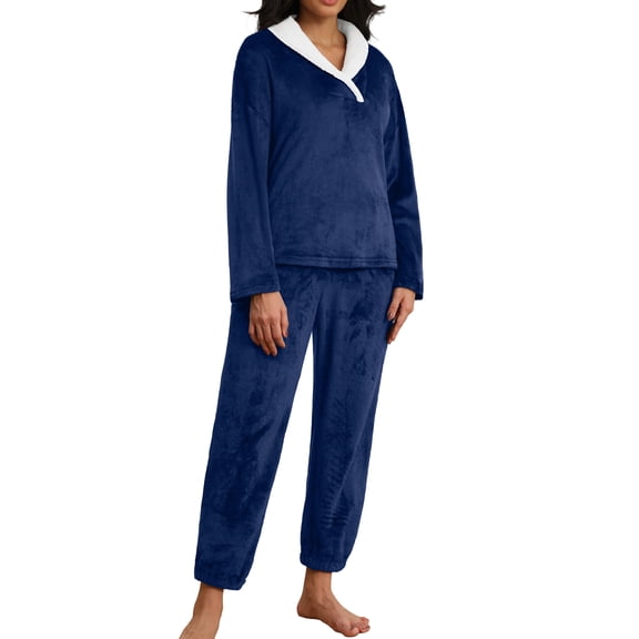 MINTREUS Women's Fluffy Pajamas Set Coral Fleece Pullover Pants Plush Sleepwear 2 Piece Pjs Set Warm Loungewear